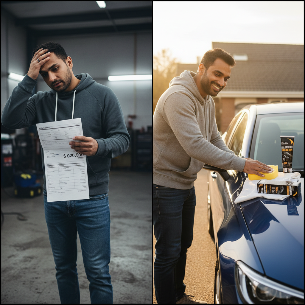 Car owner worried about a long body shop repair bill beside the same owner happily polishing his car at home with the scratch removal wax