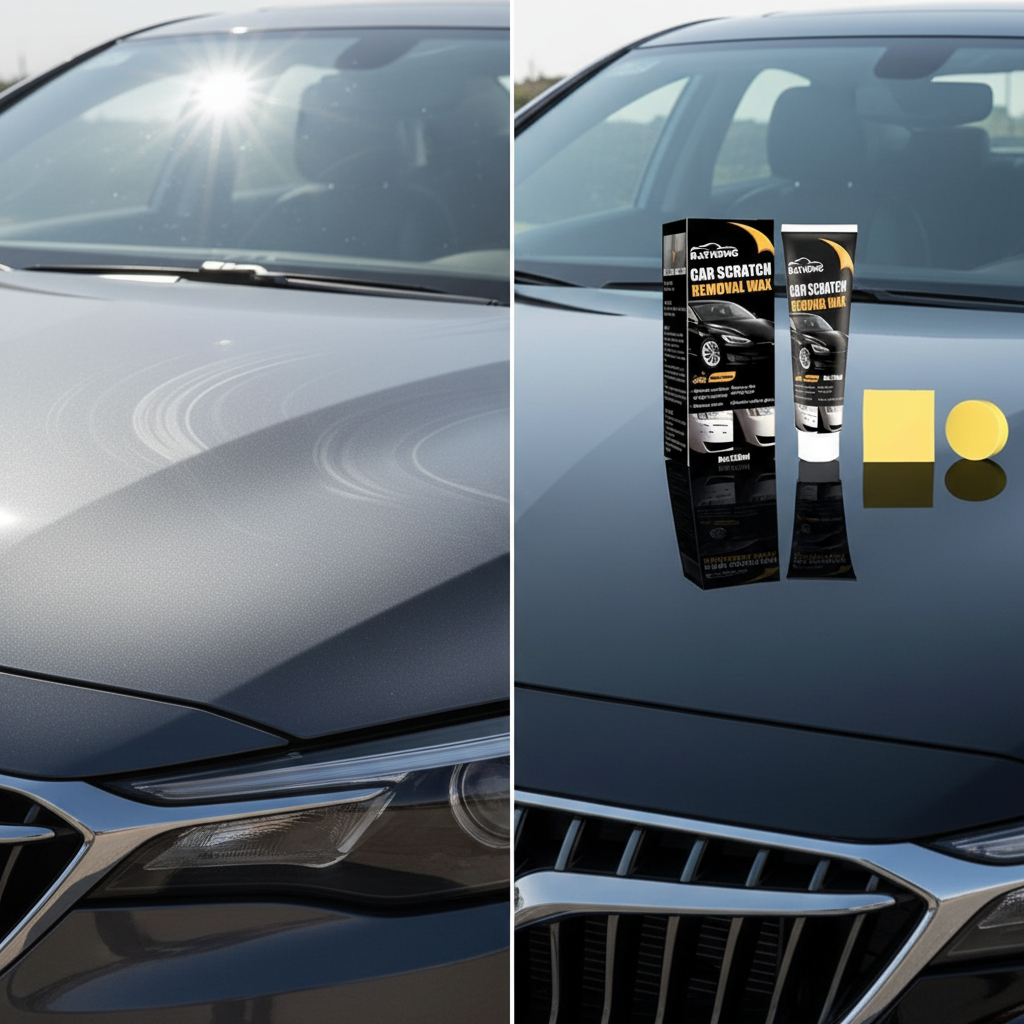 Dark car bonnet covered in swirl marks beside the same bonnet with a deep mirror-like shine after waxing, product box and tube on the roof