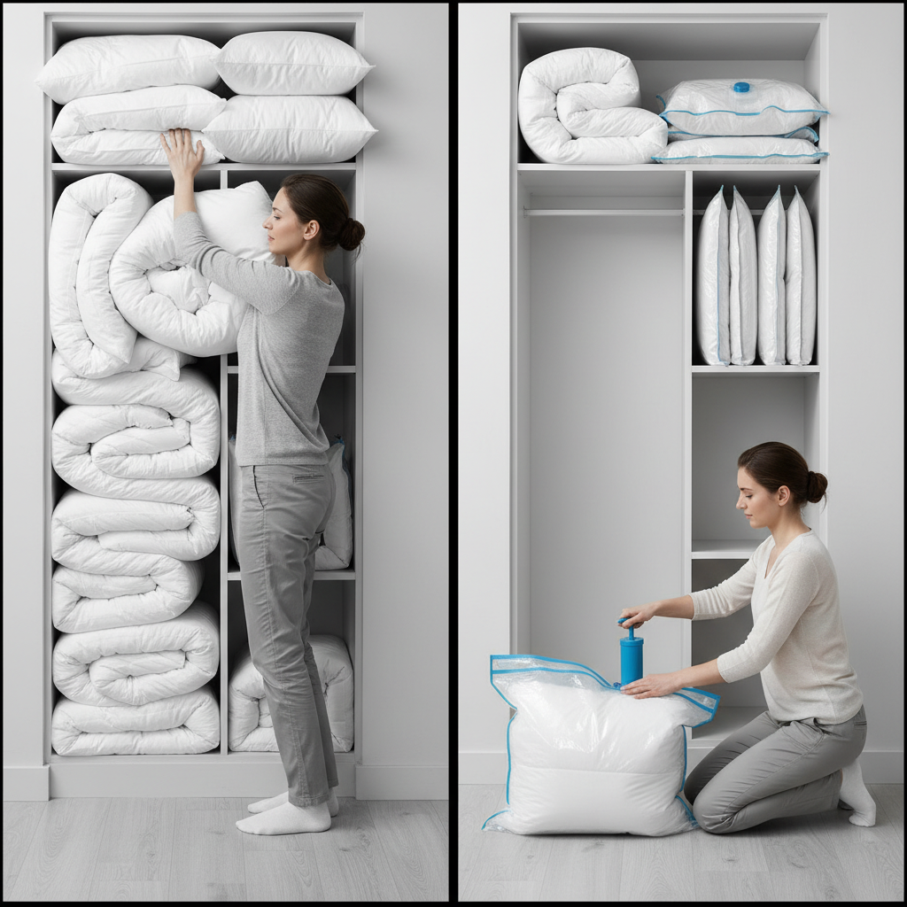 Fluffy duvets and pillows filling a tall shelf beside the same woman compressing a duvet flat in a vacuum storage bag with the hand pump