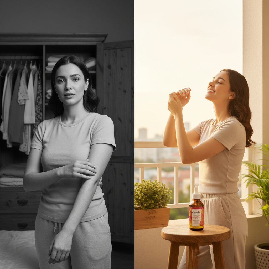 Woman concerned about dry, rough-looking skin on her arm beside the same woman with smooth healthy-looking skin in morning light with the oil bottle beside her