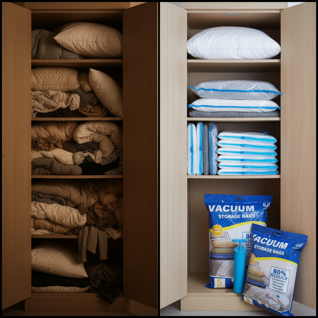 Overflowing cupboard crammed with blankets and pillows beside the same cupboard neatly organised with compressed vacuum storage bags on the shelves