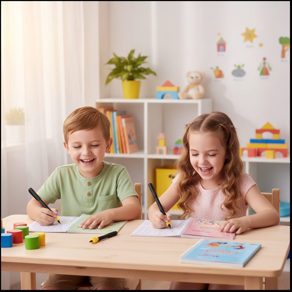 Two cheerful children laughing while practising numbers and drawing in magic practice copybooks at a home learning table