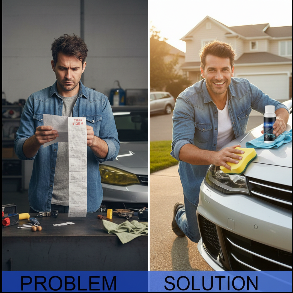 Car owner worried about a long workshop repair bill beside the same owner happily polishing a headlight at home with the repair kit