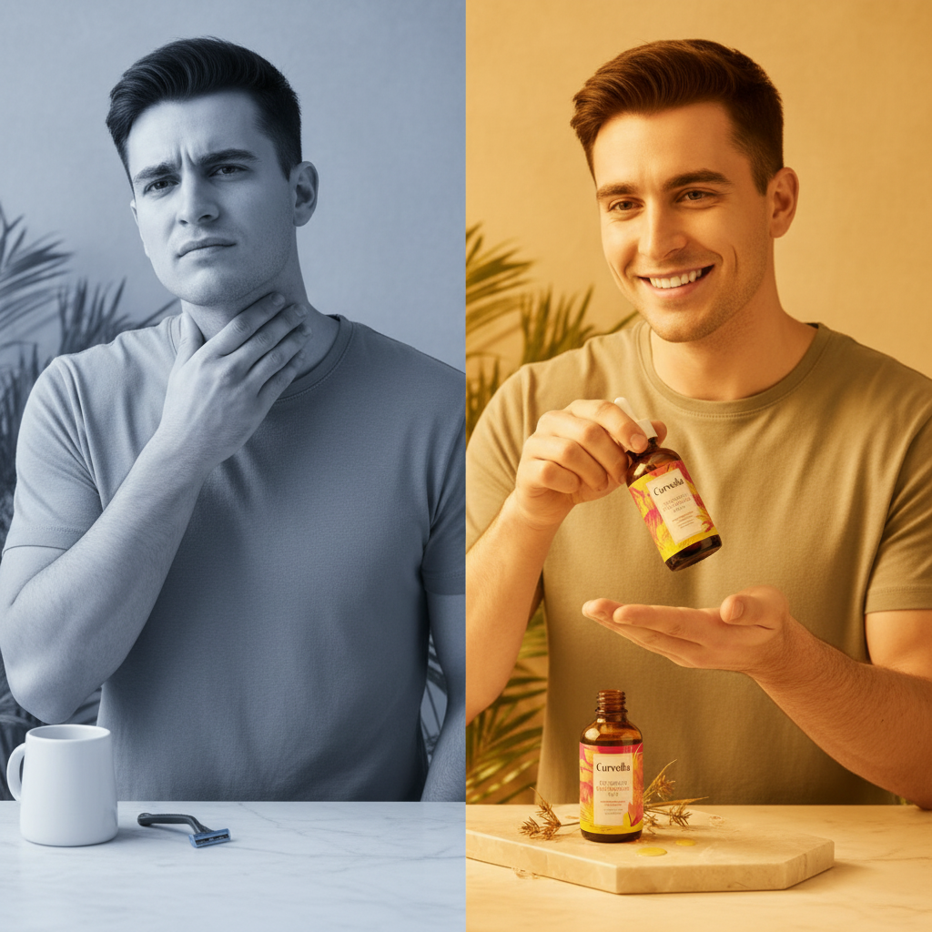 Man with mild razor irritation at a bathroom mirror beside the same man smiling and applying a few drops of the calming oil to his neck