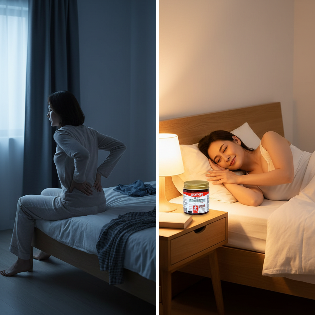 Woman sitting on the edge of her bed holding her strained lower back beside the same woman resting calmly with the massage gel on the bedside table
