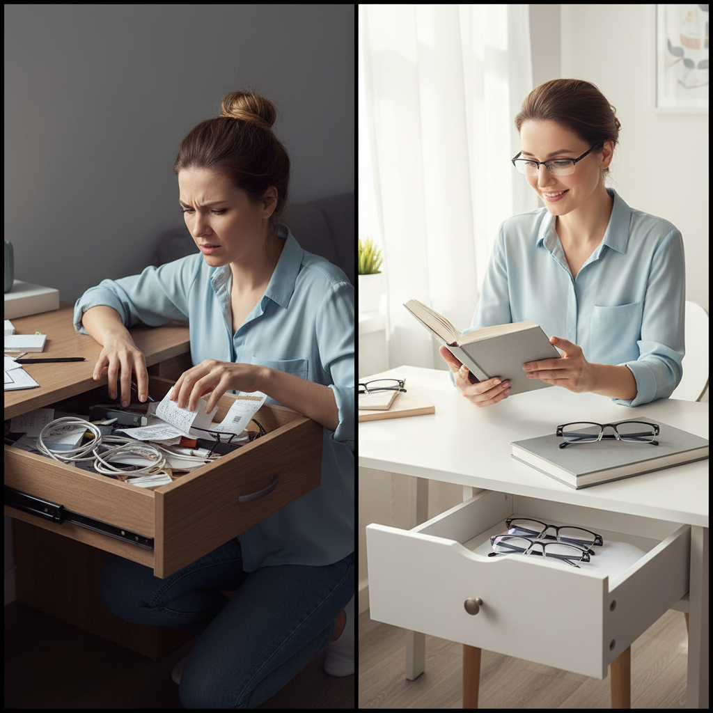 Woman searching a messy drawer for missing reading glasses beside the same woman reading calmly with two pairs of glasses kept in different places
