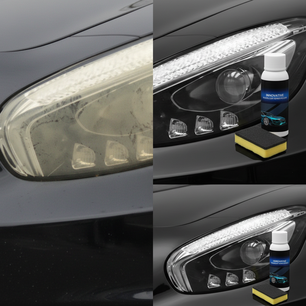 Close-up of a cloudy scratched headlight lens beside the same lens polished clear with the repair fluid bottle and sponge nearby