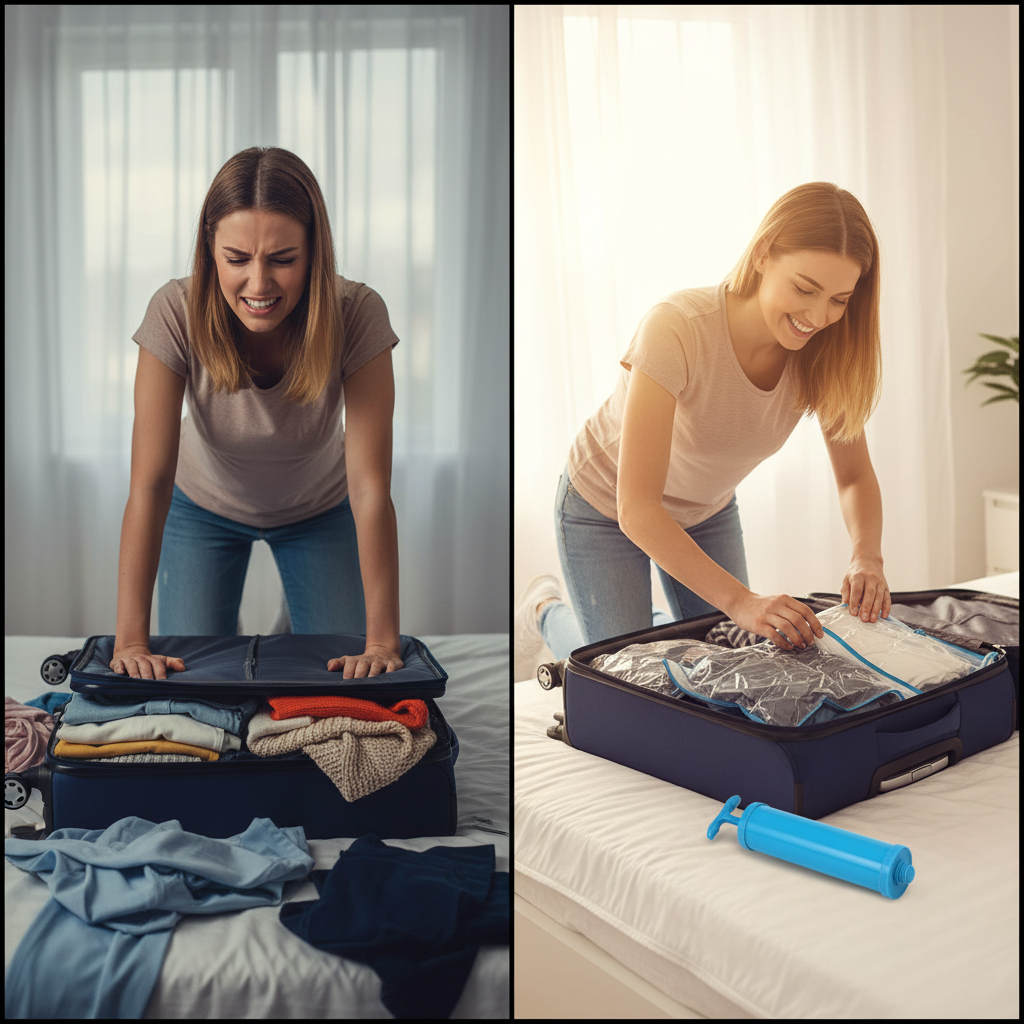 Woman struggling to close an overstuffed suitcase beside the same woman packing easily with flat compressed vacuum storage bags and the hand pump