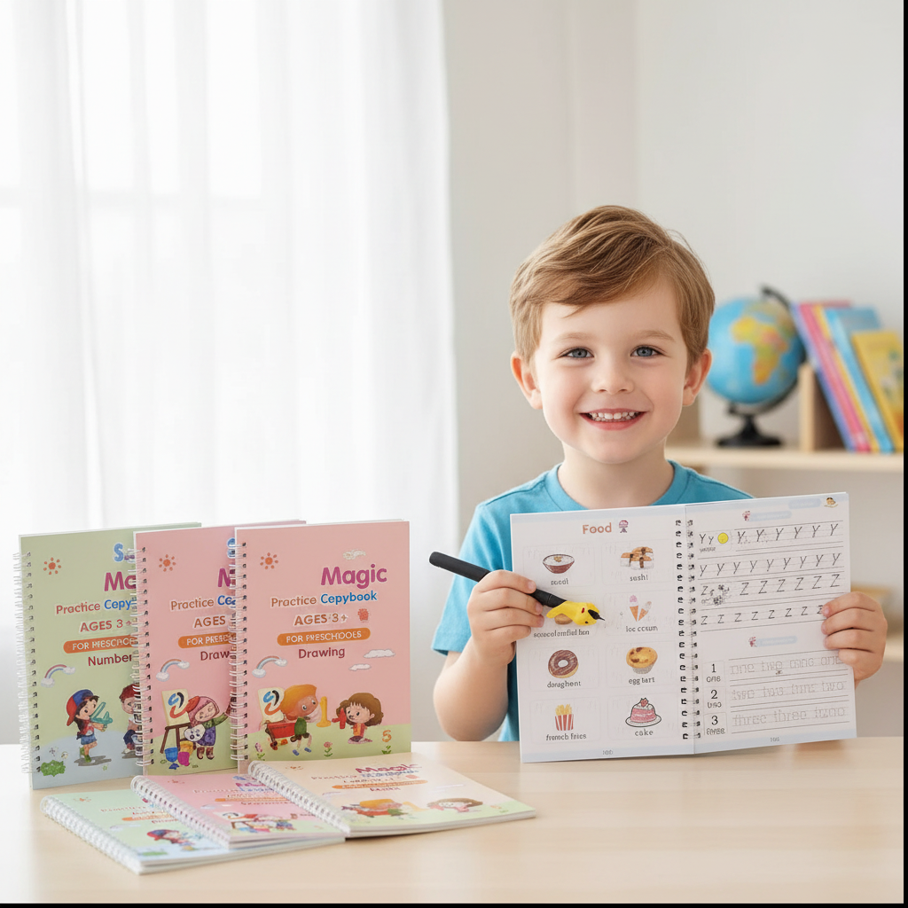 Proud young boy holding up a completed magic practice copybook page with the full set of four copybooks on the desk beside him