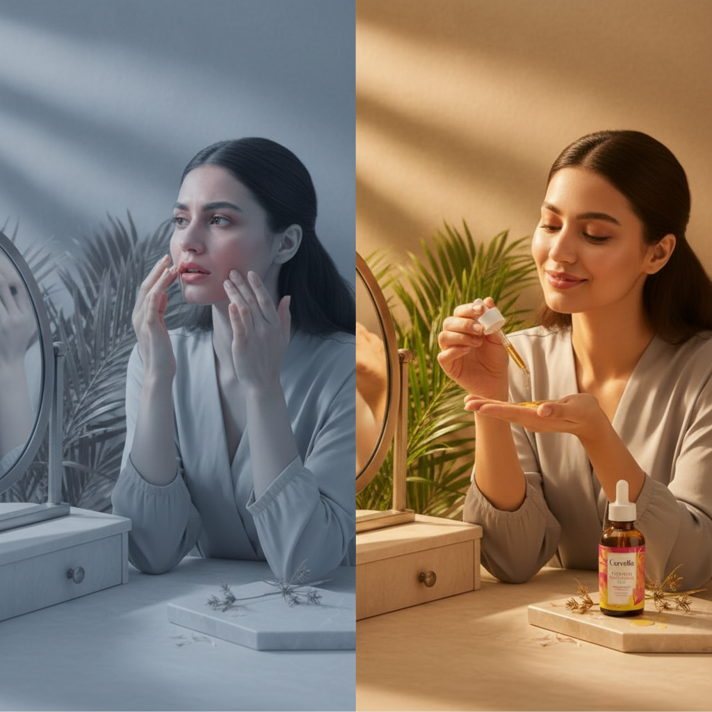 Woman uncomfortable after a salon session at her dressing table beside the same woman relaxed and applying the calming oil with a dropper