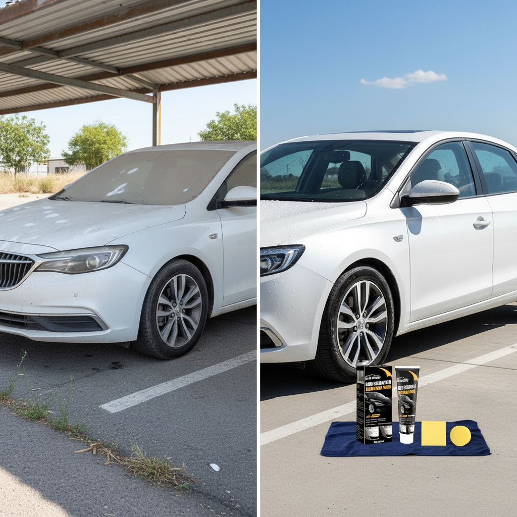 Dusty white car parked under a shade beside the same car freshly washed and waxed with water beading off, wax tube and sponge beside it