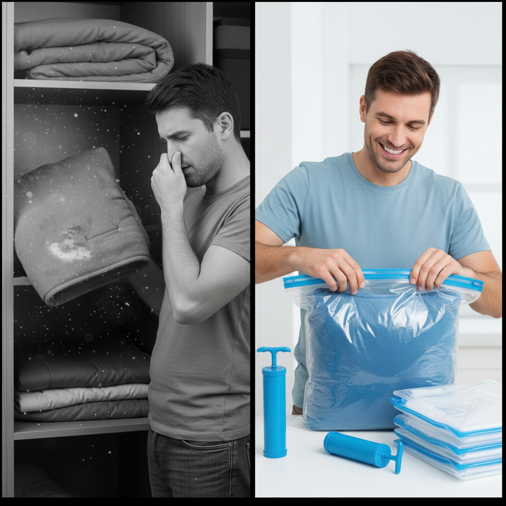 Man lifting a dusty, moisture-stained blanket from an open shelf beside the same man sealing a blanket inside a vacuum storage bag
