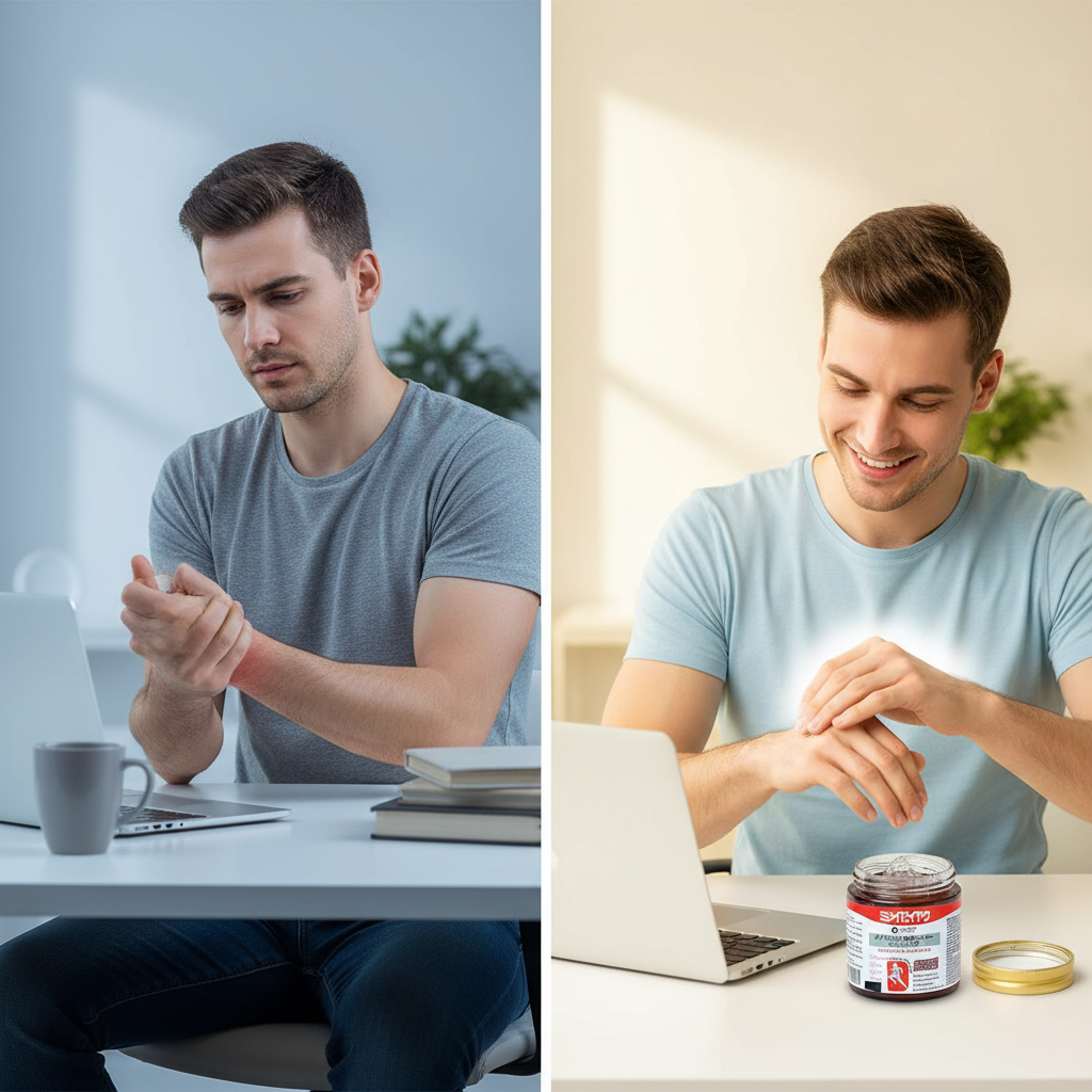 Man flexing his tired wrist after long typing hours beside the same man massaging his wrist with the gel at his home office desk