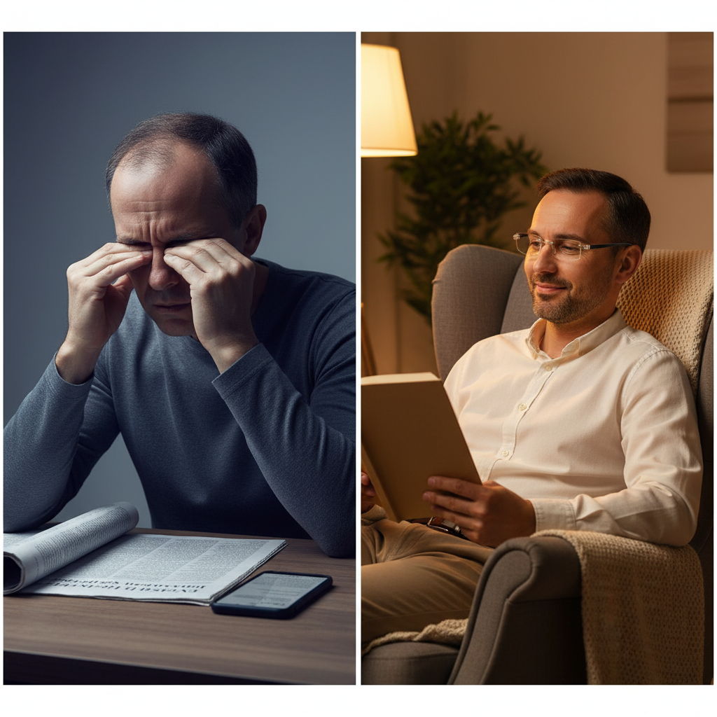 Tired man rubbing his strained eyes while reading beside the same man reading comfortably in an armchair wearing rimless reading glasses