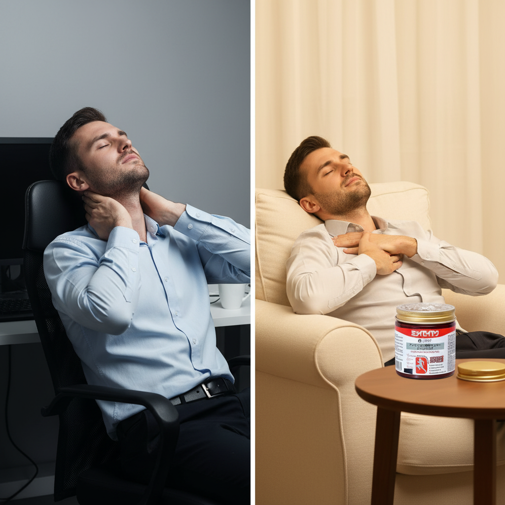 Office worker with a stiff neck at his desk beside the same man relaxed in an armchair massaging his shoulder with the soothing massage gel