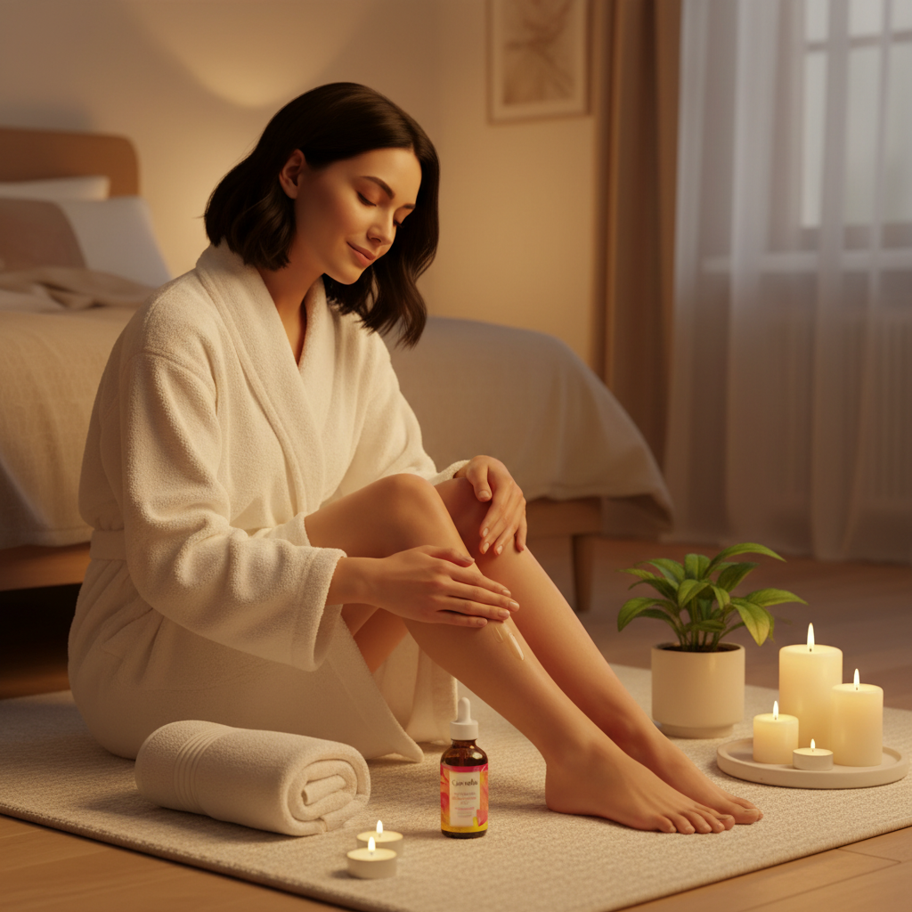 Woman in a robe calmly massaging the calming oil into her leg during a candlelit evening self-care ritual with the dropper bottle, towel, and plant beside her