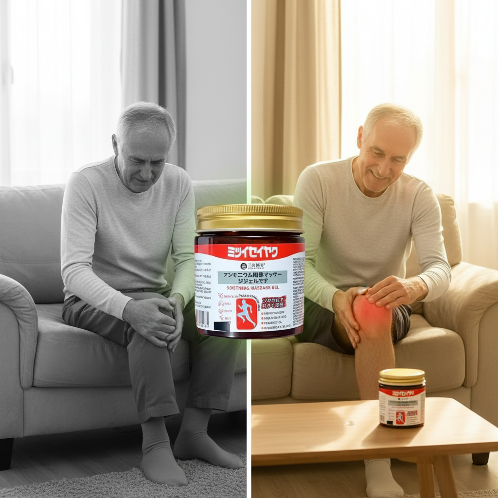 Elderly man struggling with a stiff knee on the sofa beside the same man comfortably massaging his knee with the massage gel
