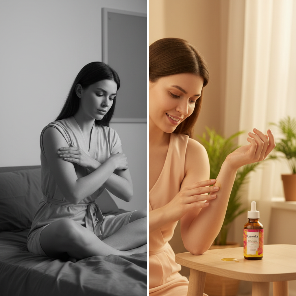 Woman gently patting freshly waxed arms with mild discomfort beside the same woman smiling and massaging the calming oil into her arm with the dropper bottle beside her