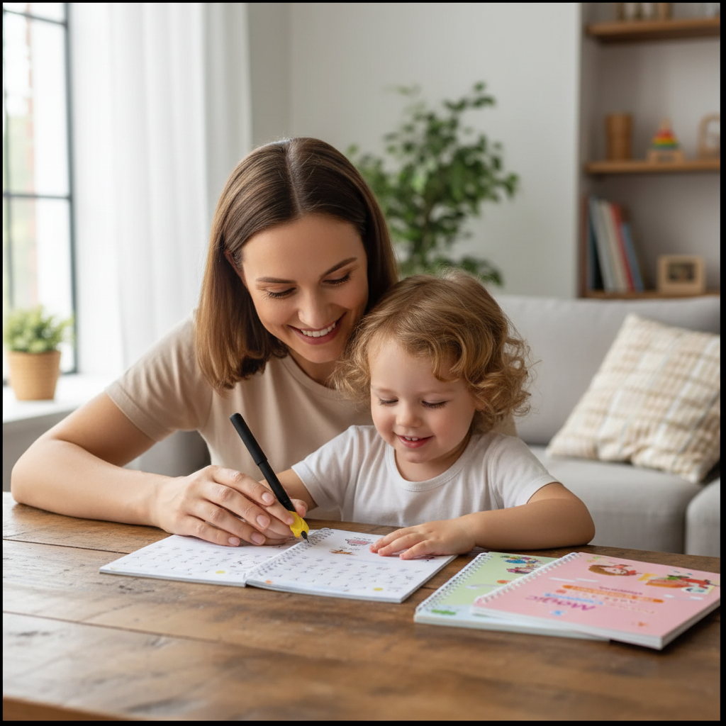 Mother gently guiding her young child's hand while tracing numbers in a magic practice copybook at a wooden table