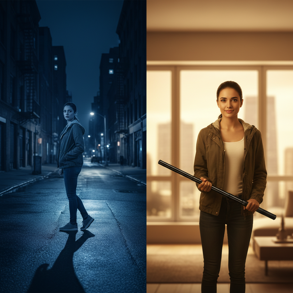 Woman walking alone on a dark street at night beside the same woman standing confident holding an extended black self-defense stick
