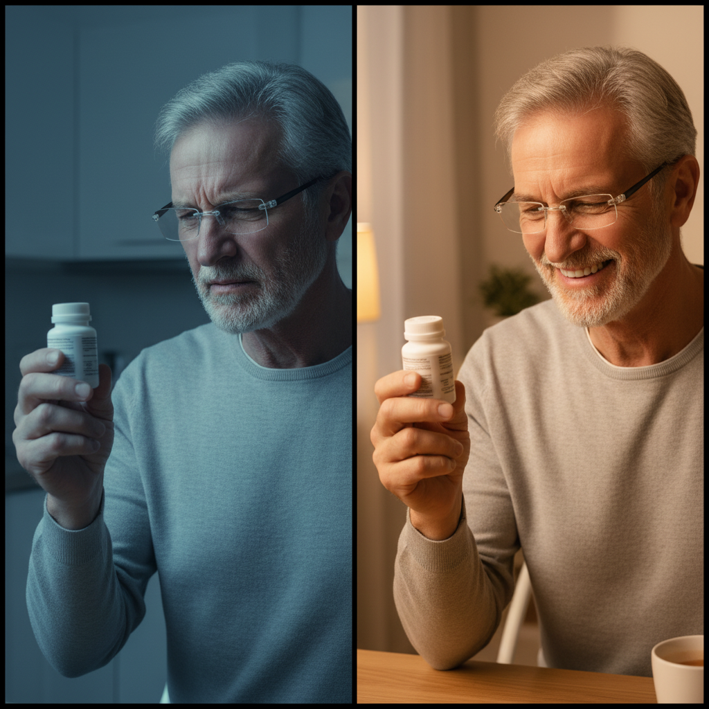 Older man squinting to read a medicine label beside the same man reading the small print clearly and comfortably with rimless reading glasses