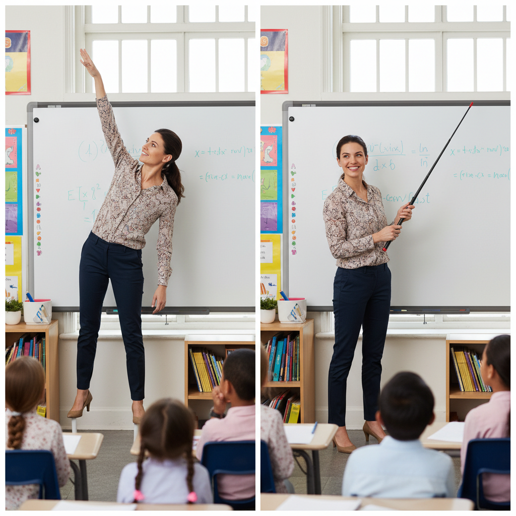Teacher reaching awkwardly for the top of a whiteboard, then pointing easily with the extended telescopic pointer stick