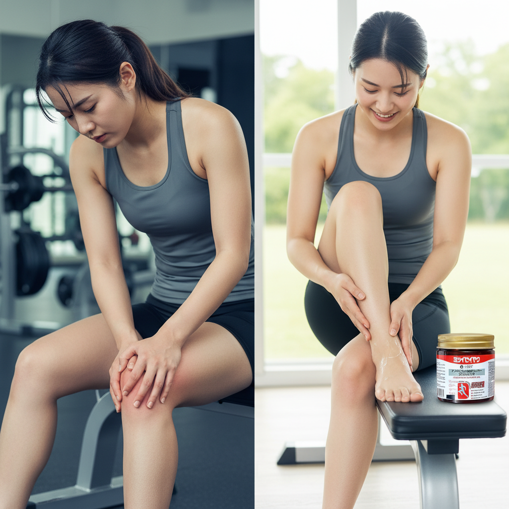 Athlete rubbing aching legs on a gym bench beside the same athlete smiling and massaging her calf with the massage gel after her workout
