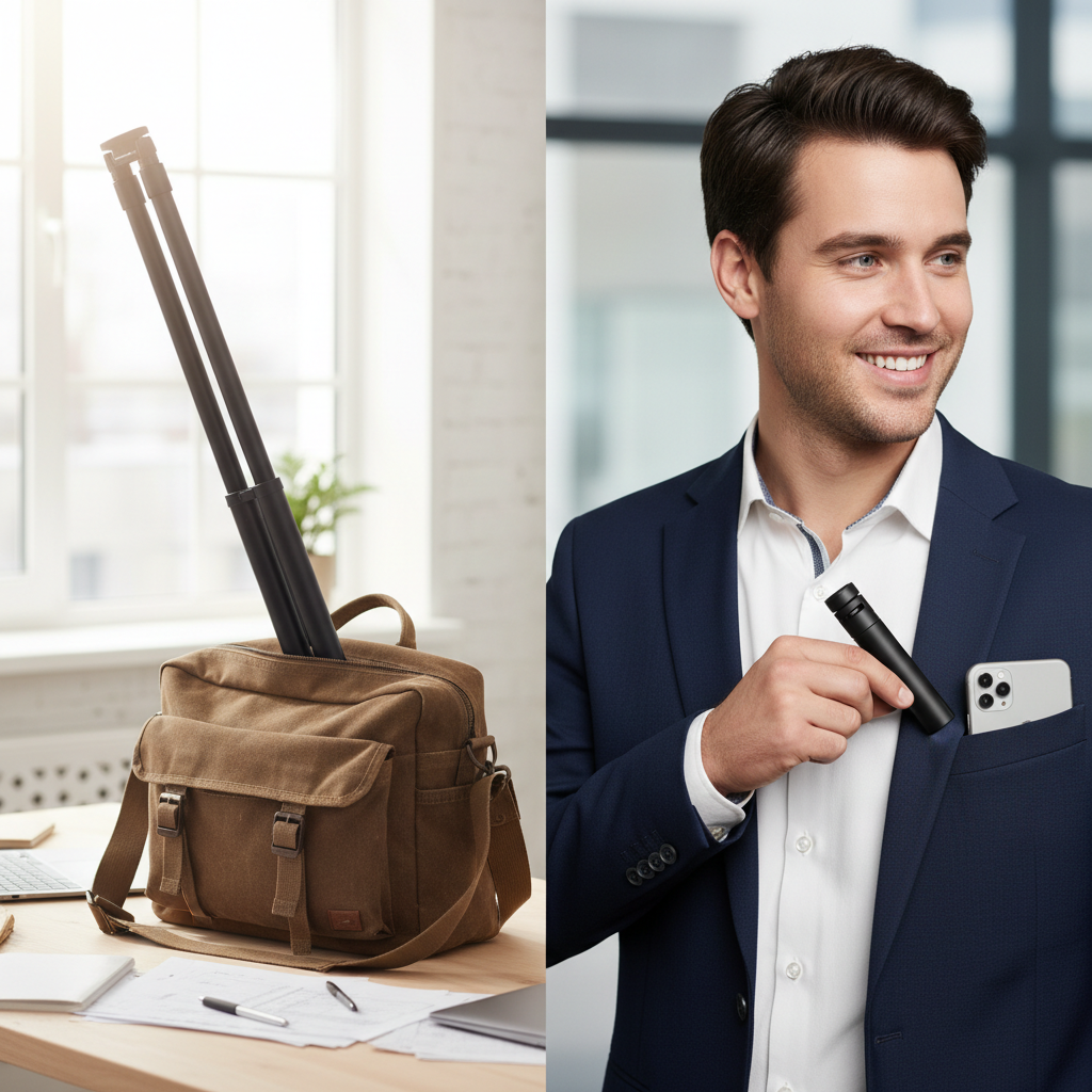 Bulky rod sticking out of an overstuffed bag next to the compact black telescopic stick slipped into a jacket inner pocket