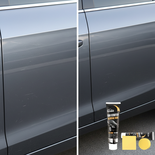 Car door panel with light scratches and scuff marks beside the same panel restored smooth and glossy with the scratch removal wax and sponge nearby