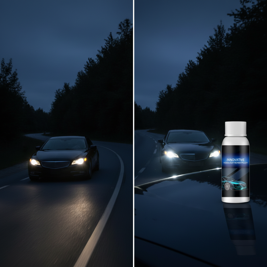 Car driving at night with dim yellowed headlights beside the same car with bright clear restored headlights after using the repair fluid