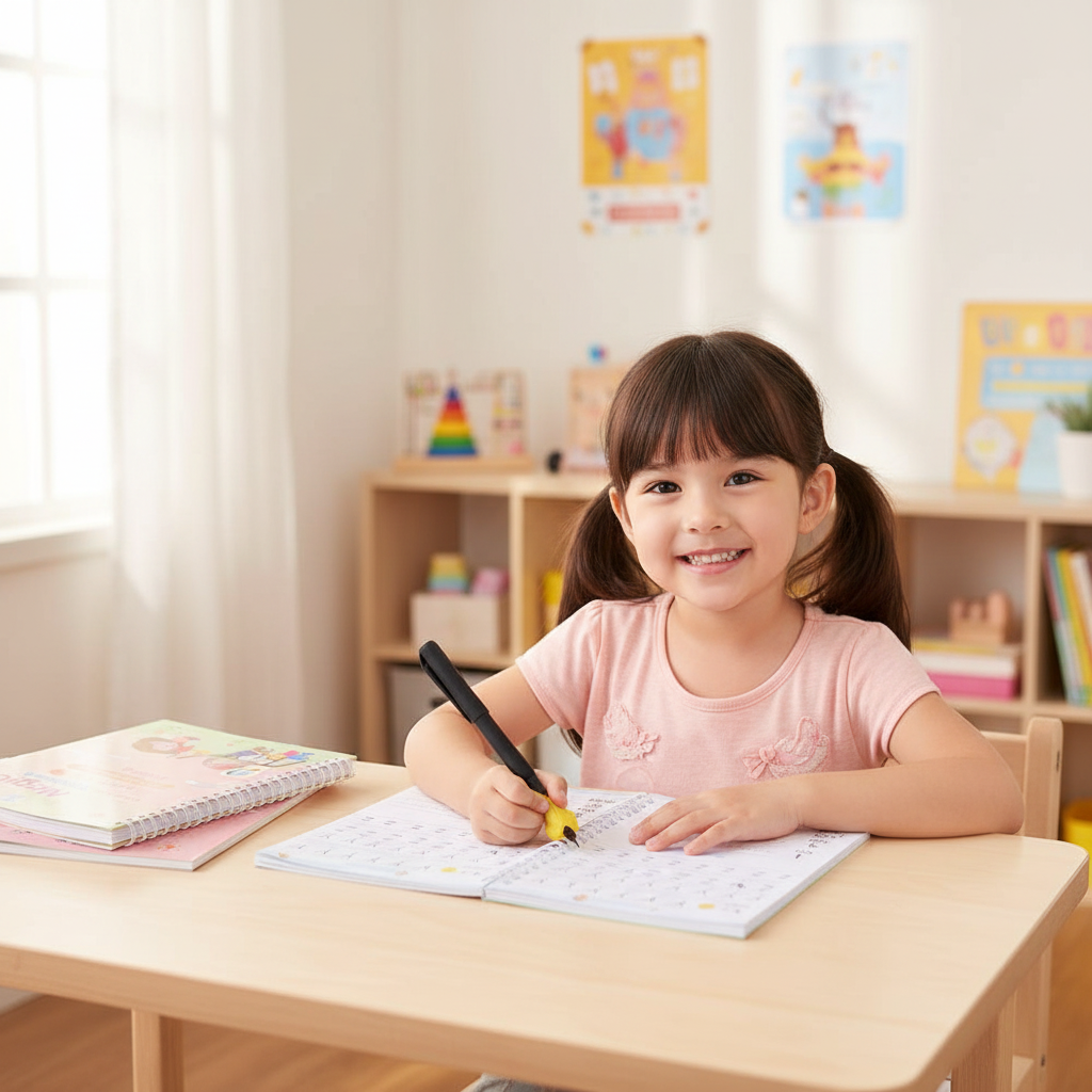 Smiling young girl practising letters in a magic practice copybook with the magic pen at a bright study desk